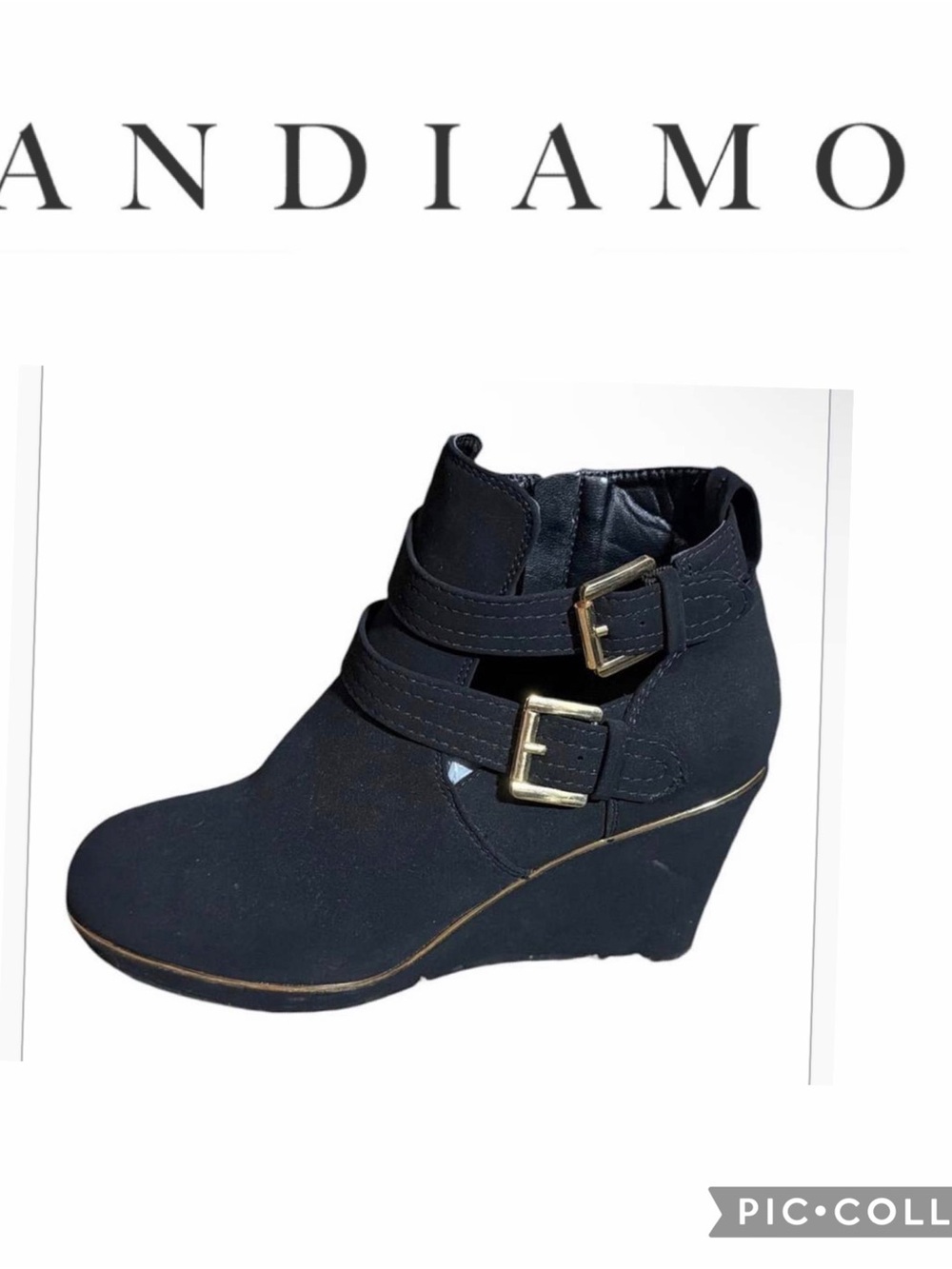 Andiamo Women's Black Faux Suede Wedge Ankle Booties with Double Buckle Straps